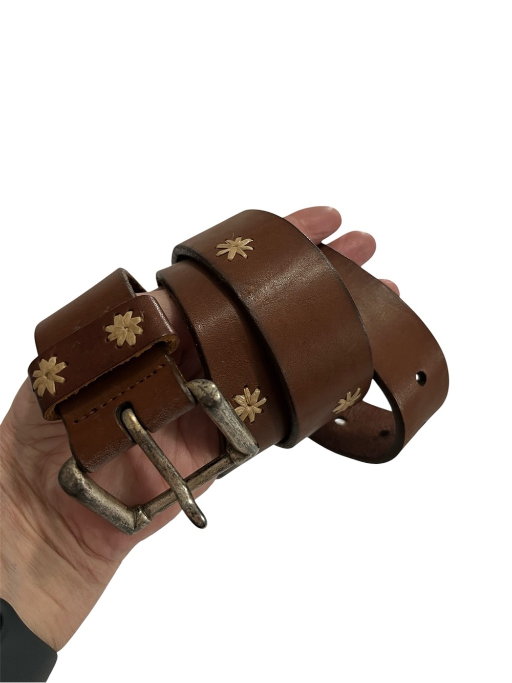 Vintage GAP Brown Leather Embroidered Belt - Size 30 (34” Long)